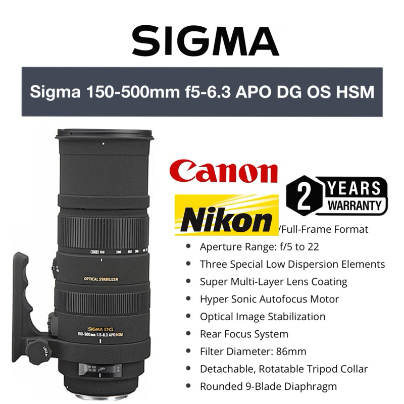 SIGMA 150-500mm F/5-6.3 APO DG OS HSM SUPER ZOOM LENS FOR