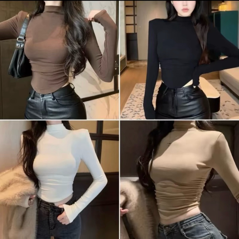 Ready Stock Women Mid High neck body fit Long Sleeve Inner Wear plain basic t shirt Shopee Malaysia