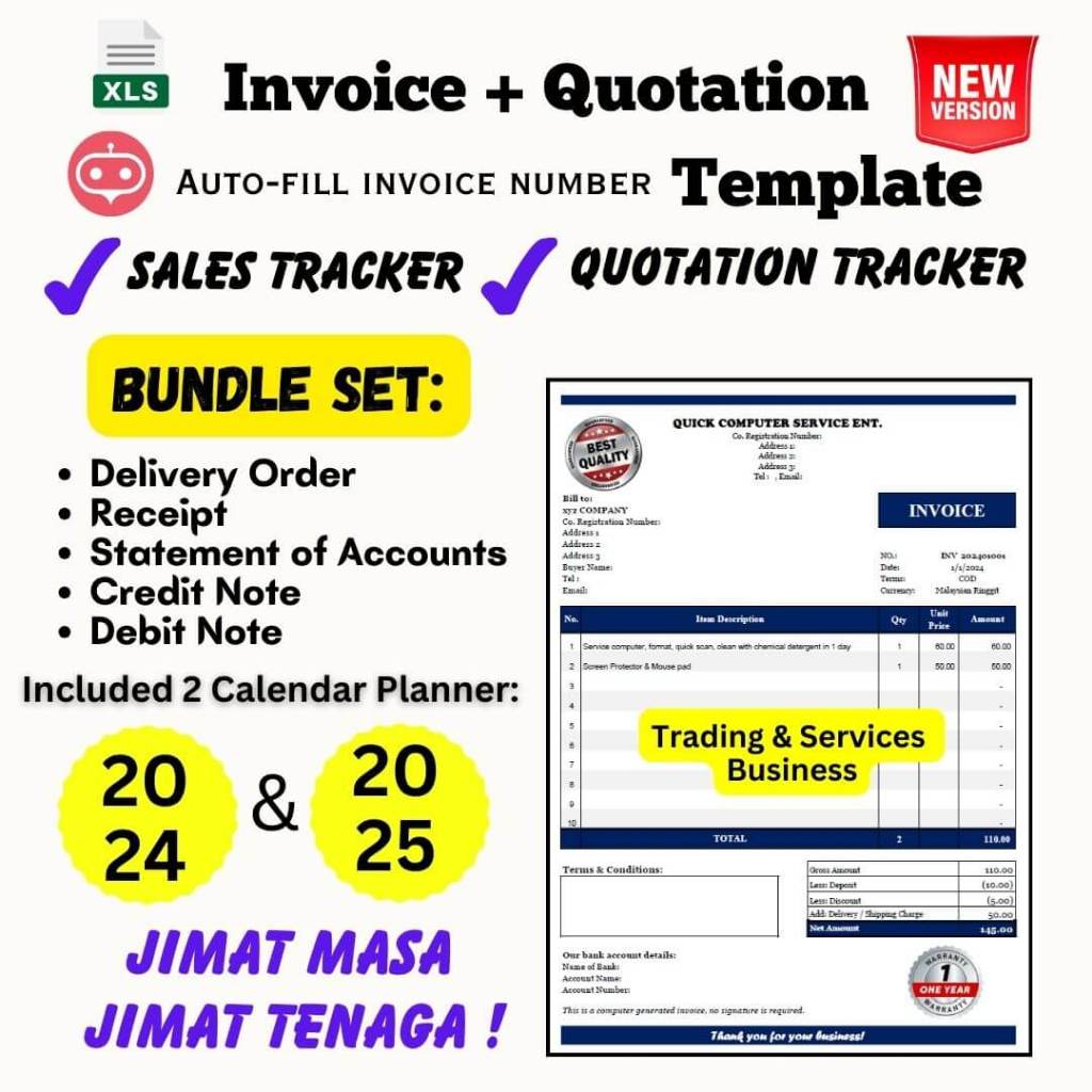 Autocalculation Invoice Template, Quotation Template (Bundle Pack