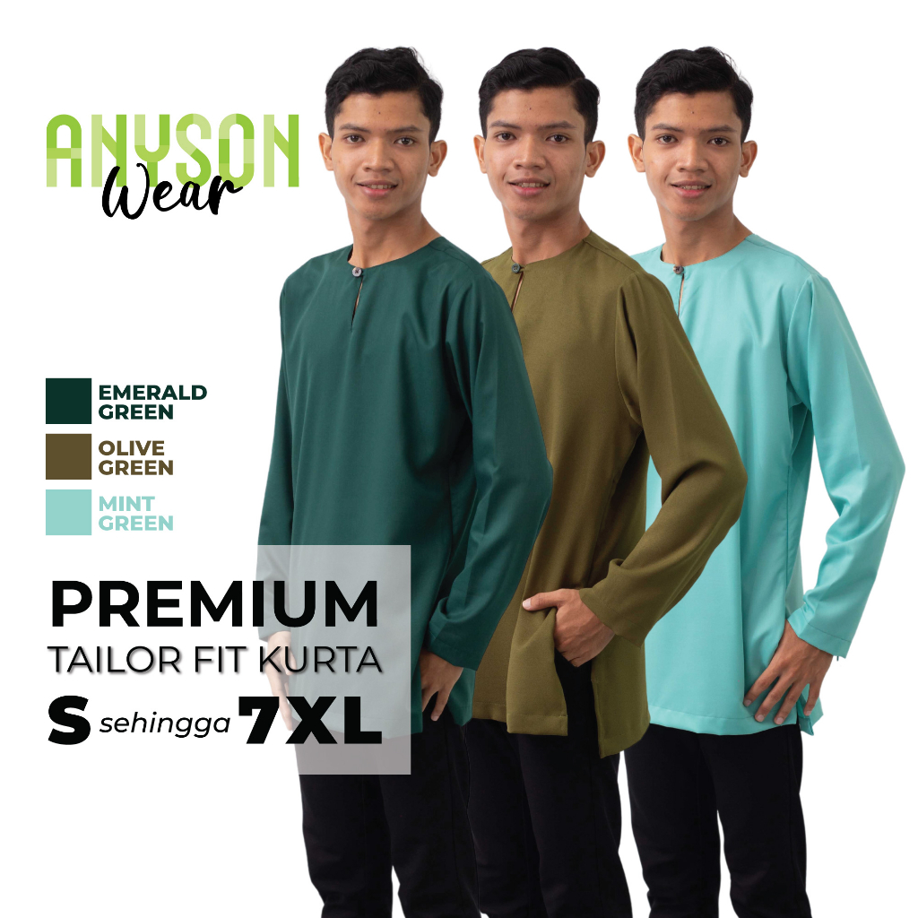 Anyson Wear Baju Raya Kurta Teluk Belanga Kolar Lelaki Dewasa 7xl Plus Size Green Hijau 3916