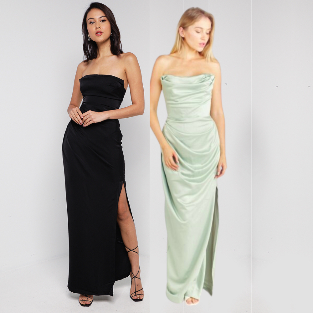 STRAPLESS SATIN FRINGE LEG SLIT GOWN main image 0