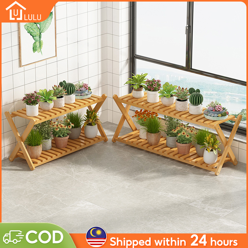2 Tier Bamboo Wooden Flower Garden Rack Outdoor Potted Plant Stand ...