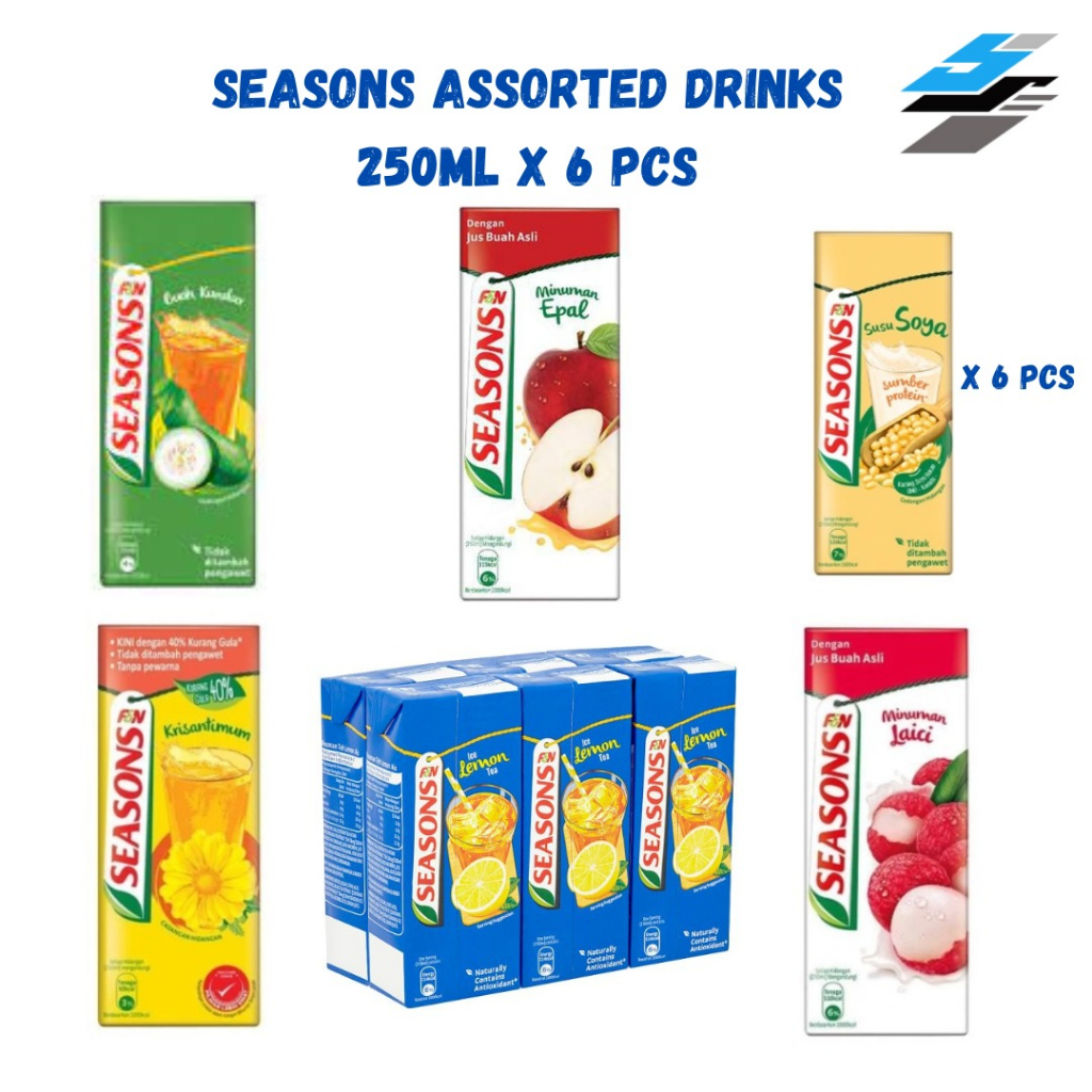 Air Kotak Seasons 250ml X 6pcs Assorted Drinks Soya Apple Laici Mango Kundur Teh Bunga 3710
