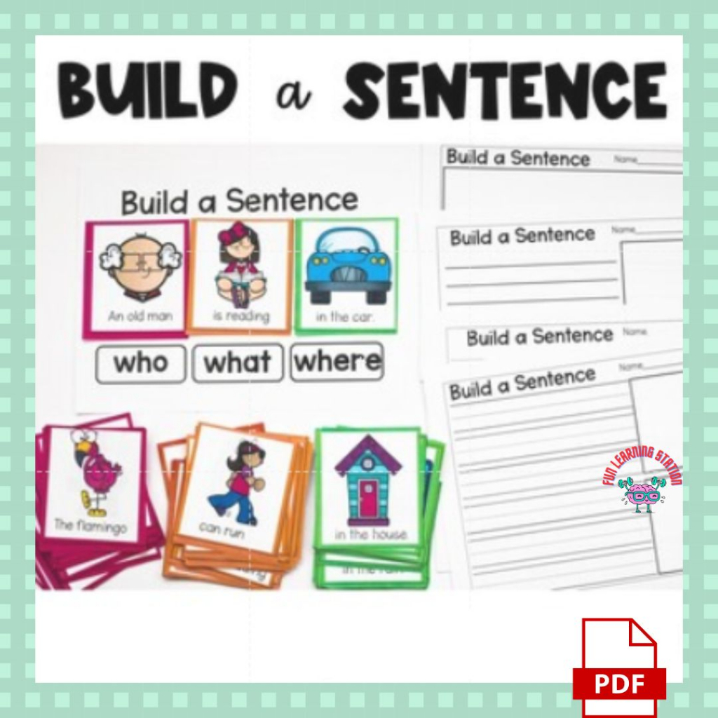 199 Build a Sentence Worksheet (PDF) Kindergarten kids homeschool