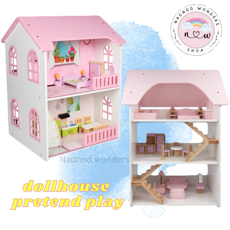 Wooden Doll house 3 storey doll room woods girl pretend play dolls ...