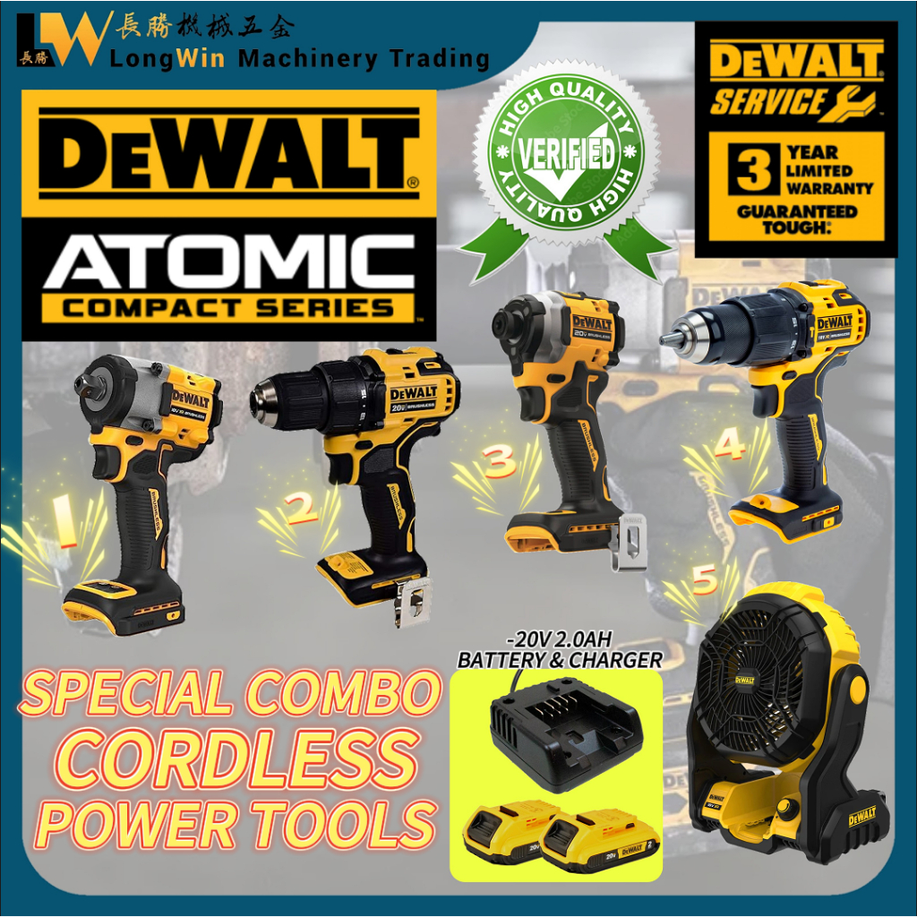 DEWALT Atomic Design Cordless Power Tools Special Combo 20V 2.0Ah Impact Wrench Impact Driver Hammer Drill Portable Fan Shopee Malaysia