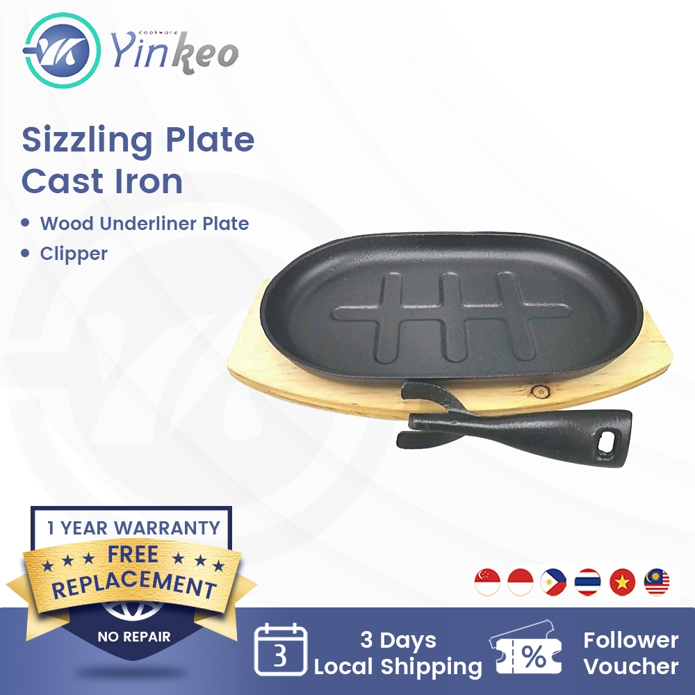 Yinkeo PreSeasoned Sizzling Plate Cast Iron Hot Plate Oval with Wood