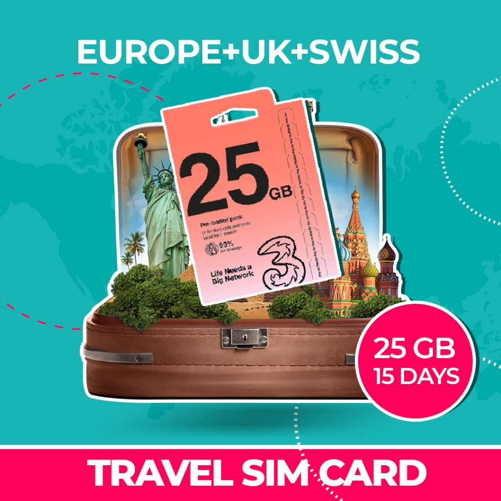 Europe SIM【 UK THREE Sim Card 】【 Europe UK Switzerland 】【15Days 25GB】Travel Prepaid SIM Card