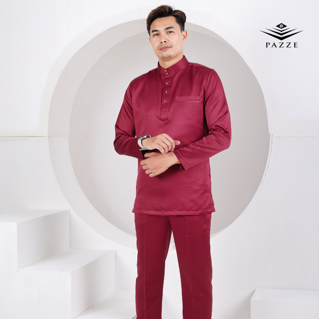BM6063 Maroon Pazze Satin Matte Baju Melayu Modern Slim Fit Nikah | 3XL ...