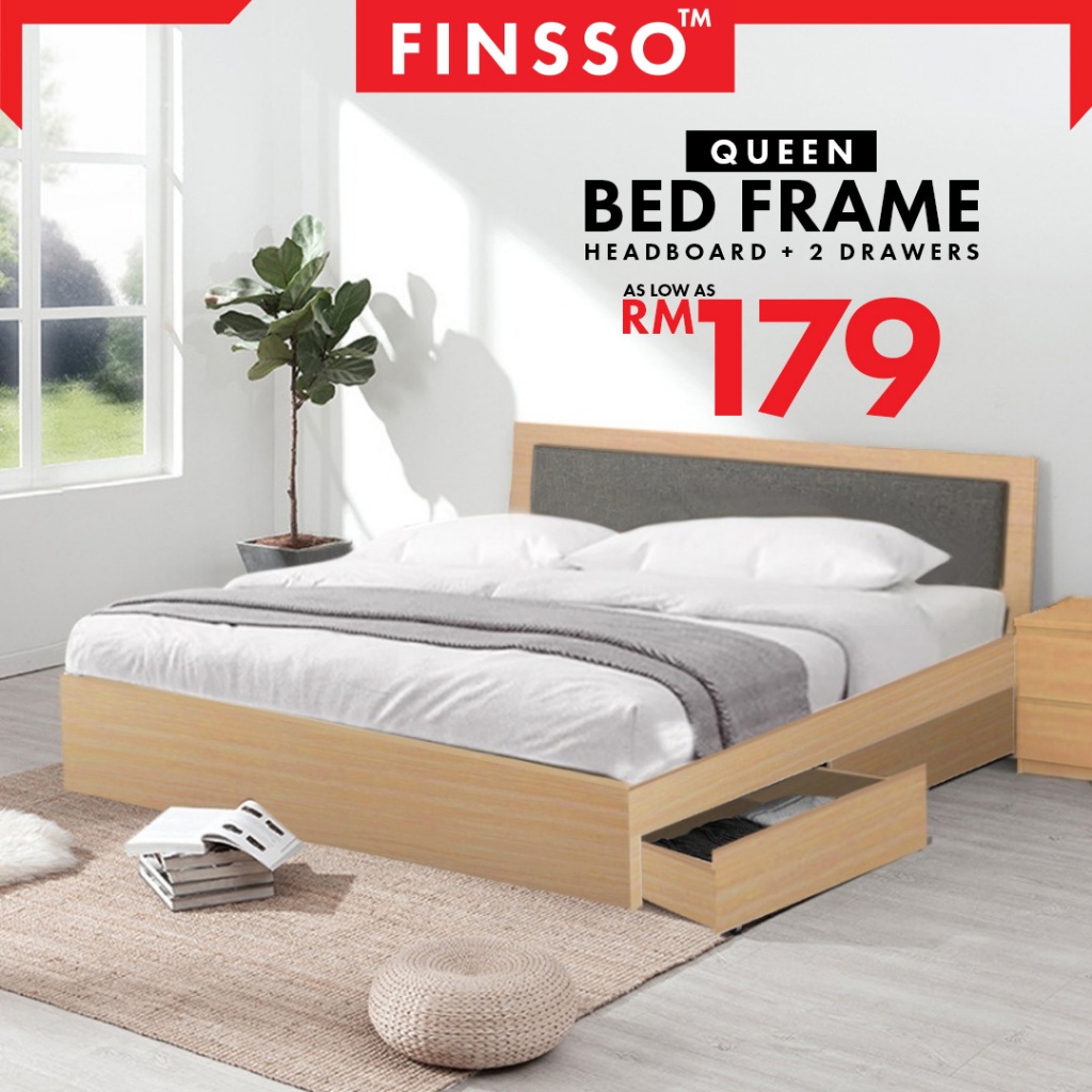 Finsso : Wooden Queen Bed Frame With 2 Drawers with Sponge/ katil Queen ...