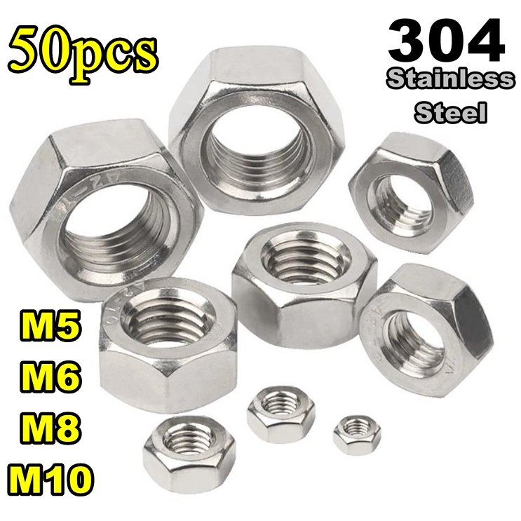 50pcs M5 Nut M6 Nut M8 Nut M10 Hexagon Nut 304 Stainless Steel Grade A2