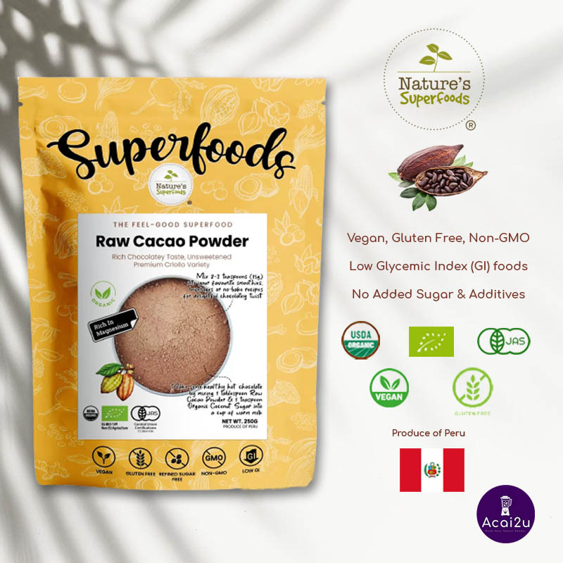 Nature's Superfoods Organic Raw Cacao Powder, 250g/ 500g Resealable ...