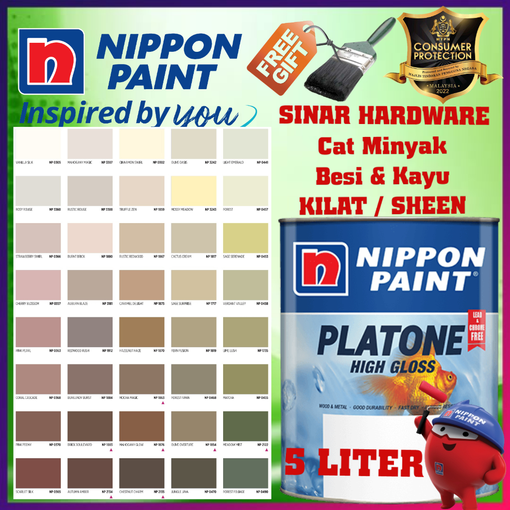 SINAR NIPPON PAINT PLATONE GLOSS FINISH 5 LITER FOR WOOD DOOR & METAL ...
