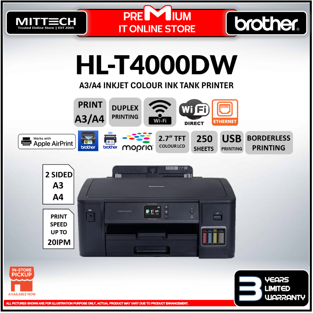 Brother Colour Inkjet Ink Tank Printer HLT4000DW A3 A4 Wireless Auto