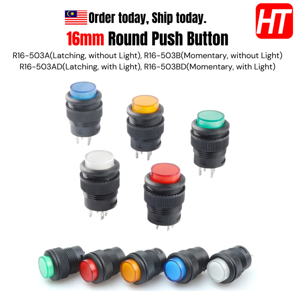 [1PC] R16-503 Ø16mm Latching/Momentary Push Button Switch LED 3A-250V ...