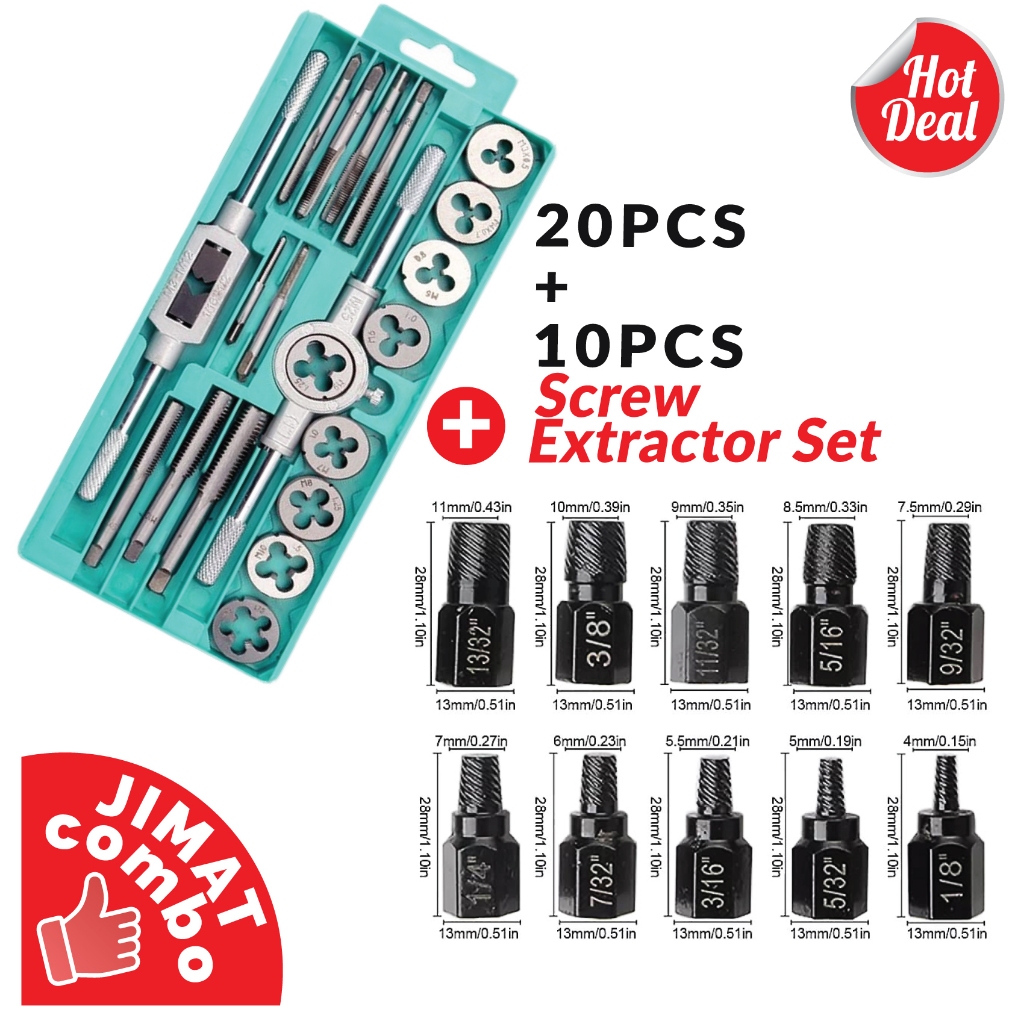 20pcs Tap and Die Metric Thread Chasing Removal Bolt Screw Extractor Puller Kit Pipe Extractor
