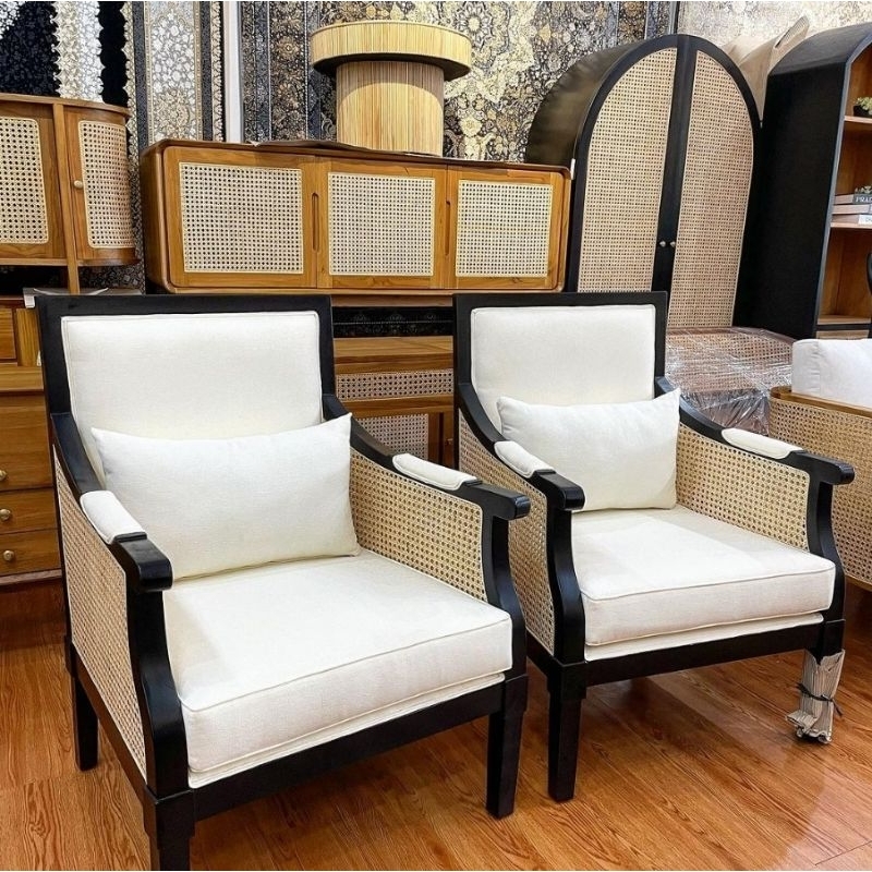 Minimal Black White Chair Cushion / Teak Wood and Natural Rattan Black