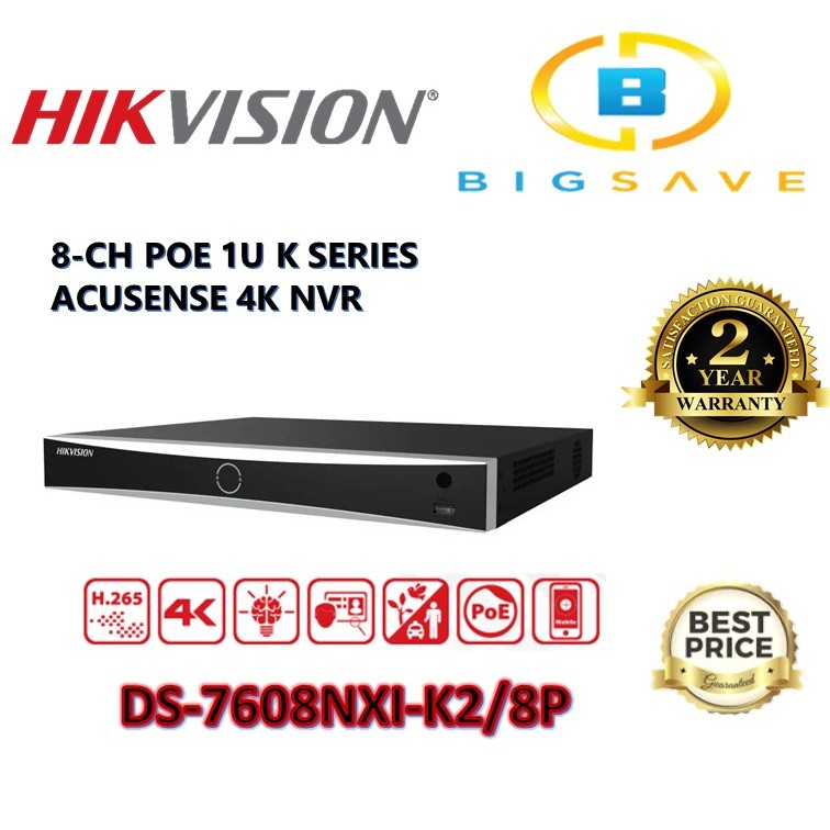 HIKVISION 8CH/ 8 CHANNEL DS-7608NXI-K2/8P POE 1U K SERIES ACUSENSE 4K ...