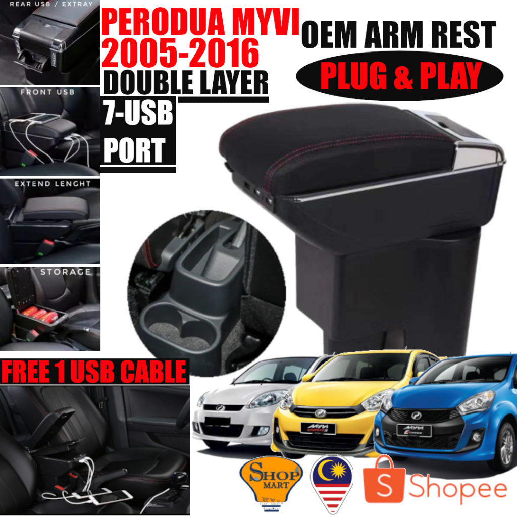 Perodua Myvi 20052015 Car Arm Rest Armrest 7 USB Charging Port Double Layer Adjustable Cup