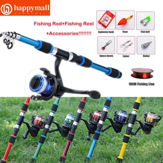 Happymall 0.6-2.1M Telescopic Fishing Rod 6 Sections and Spinning Fishing  Reel All Set Equipment Accessories