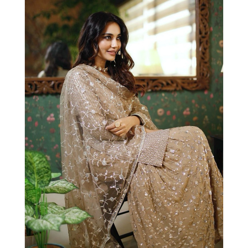Party Wear Top, Plazzo & Dupatta Set – Heavy Embroidery & Zari Work
