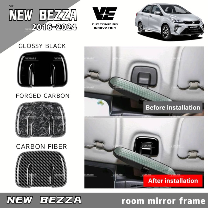 Vemart Perodua bezza 2016-2024 carbon fiber indoor room mirror cover ...