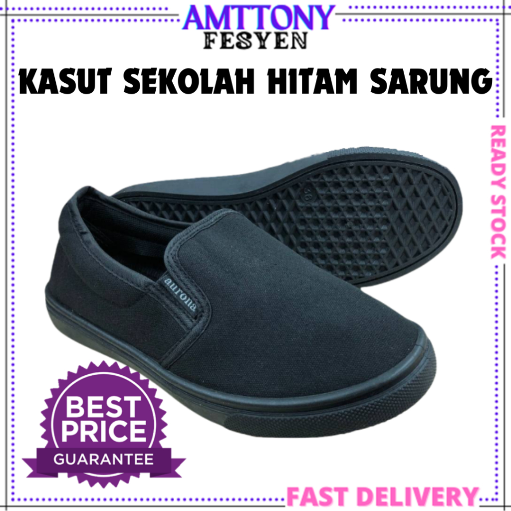 Amt Kasut Sekolah Hitam Sarung Slip On Aurona Size 29 44 Kasut