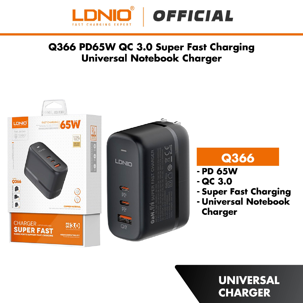 LDNIO Q366 65W Super-Fast Charging Charger PD 65W + QC 3.0 Universal ...
