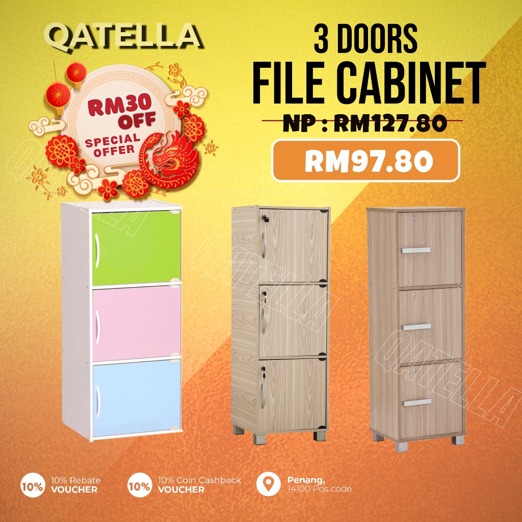 Qatella 3 Doors Shelf /3 Compartment Shelf with Doors/3 Kotak