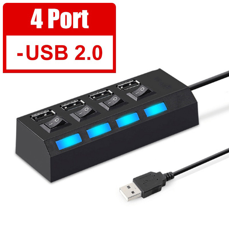 4 Port USB Hub 2.0 USB Splitter High Speed 480Mbps LED With ON/OFF ...