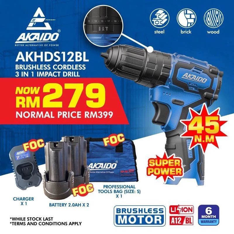 FREE SHIPPING ! ! ! AKAIDO AKHDS12BL Brushless Cordless Impact Drill (3 ...