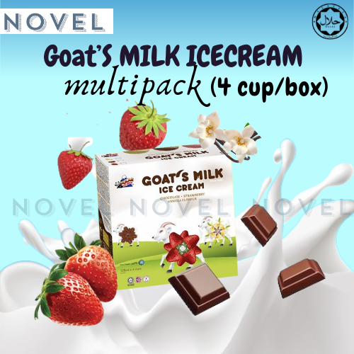 Novel Ice Cream Goat Milk Chocolate Strawbery Vanilla 125ml x 4 Cups 4 in 1 Frozen Snack Aiskrim