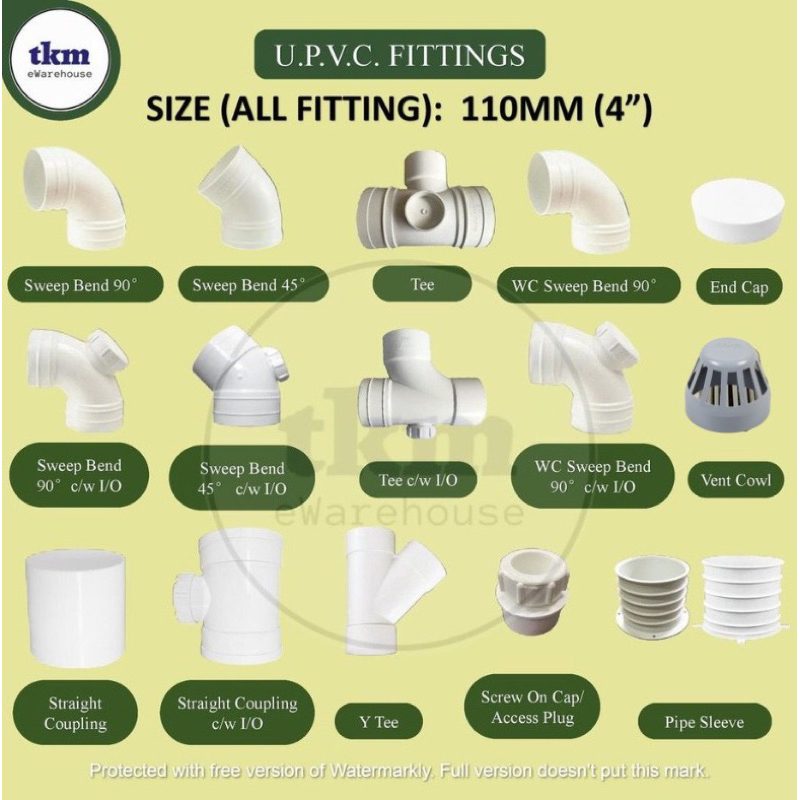 [DN110MM] UPVC WHITE ELBOW WC SWEEP BEND 45 90 Y TEE STRAIGHT COUPLING