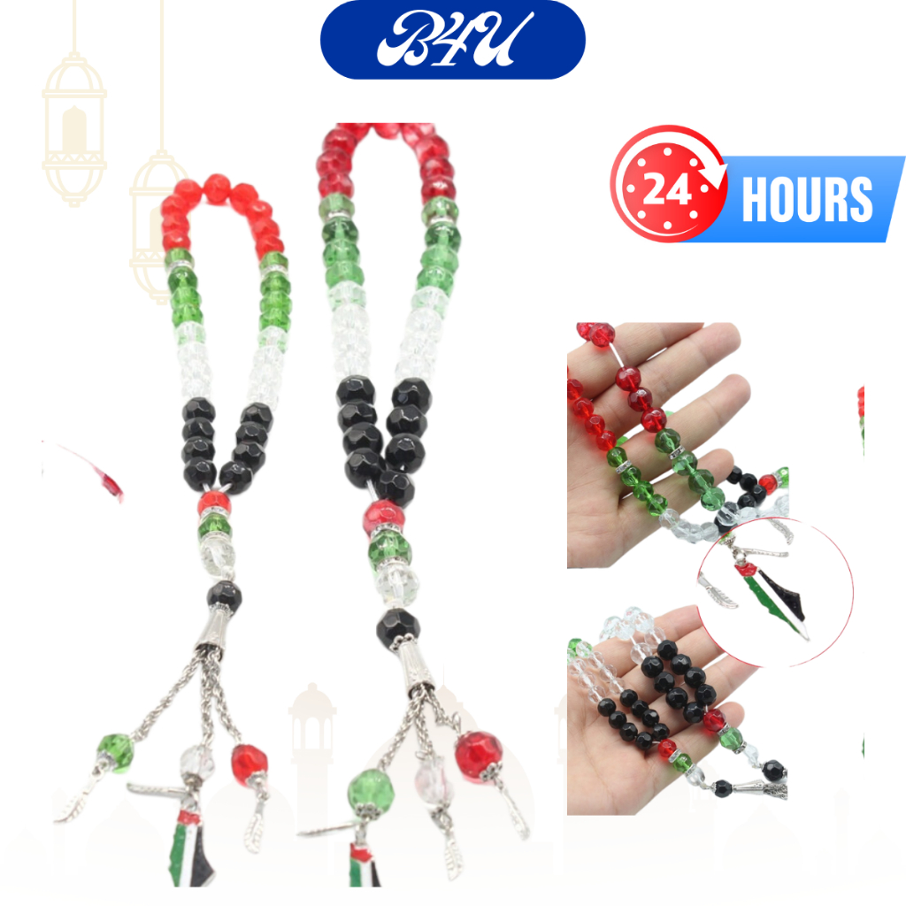 10-Bead Handmade Silver Imam Prayer Beads with Palestinian Flag Design and Crystal Stones (33 Beads) main image 0