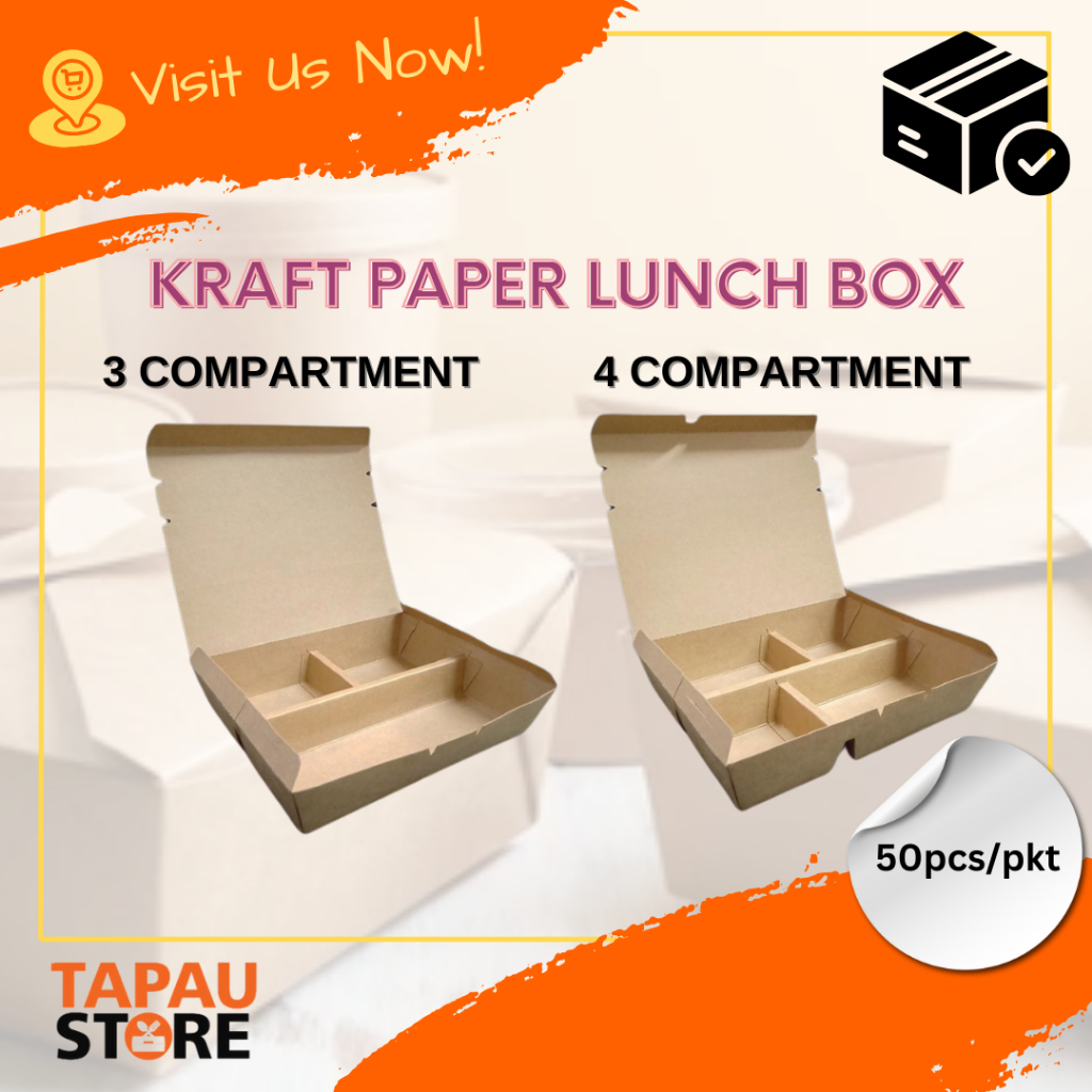 (50PCS) Kraft Paper Lunch Box 3/4 Compartments | Shopee Malaysia