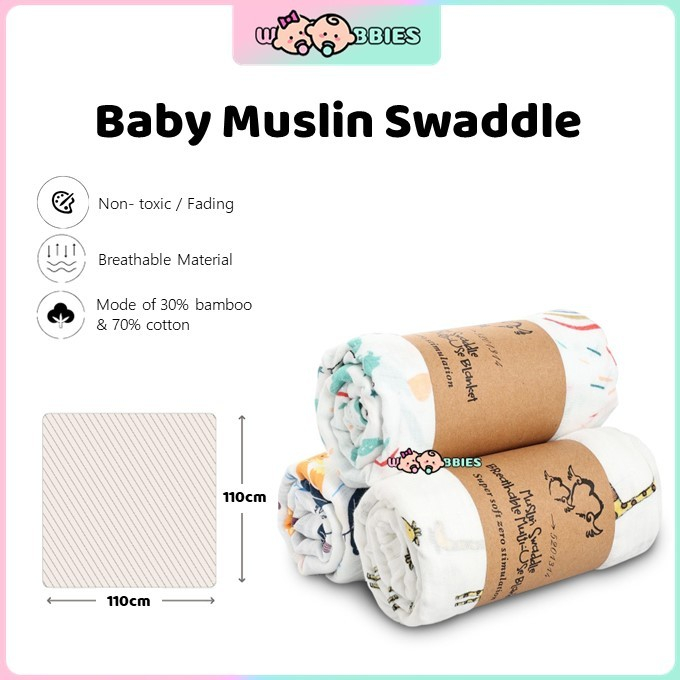 👶🏻Woobbies 110x110cm Newborn Baby Muslin Swaddle Soft Blanket Kain ...