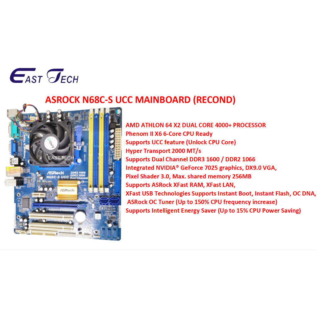 ASROCK N68C-S UCC MAINBOARD AND AMB ALTHLON 4000+ PROCESSOR ( RECOND ...