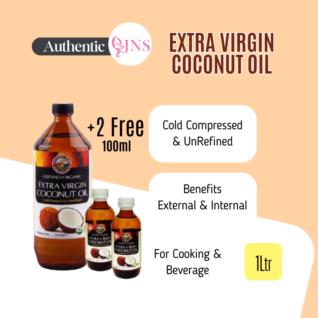 Country Farm Organic Extra Virgin Coconut Oil 1litre With Free 2 100ml Cold Pressed