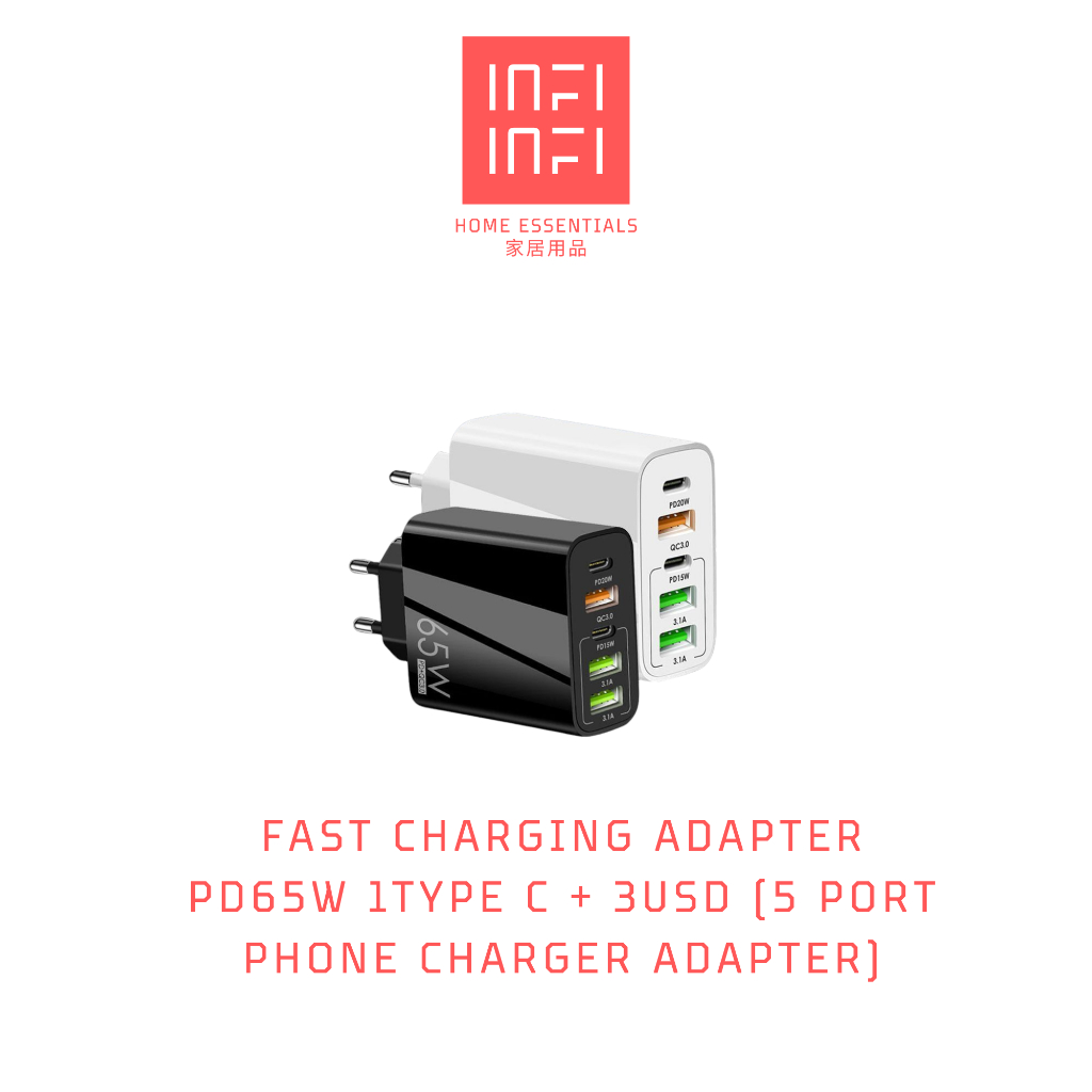 Fast Charging Adapter Pd65w 1type C 3usd 5 Port Phone Charger Adapter Shopee Malaysia 5261