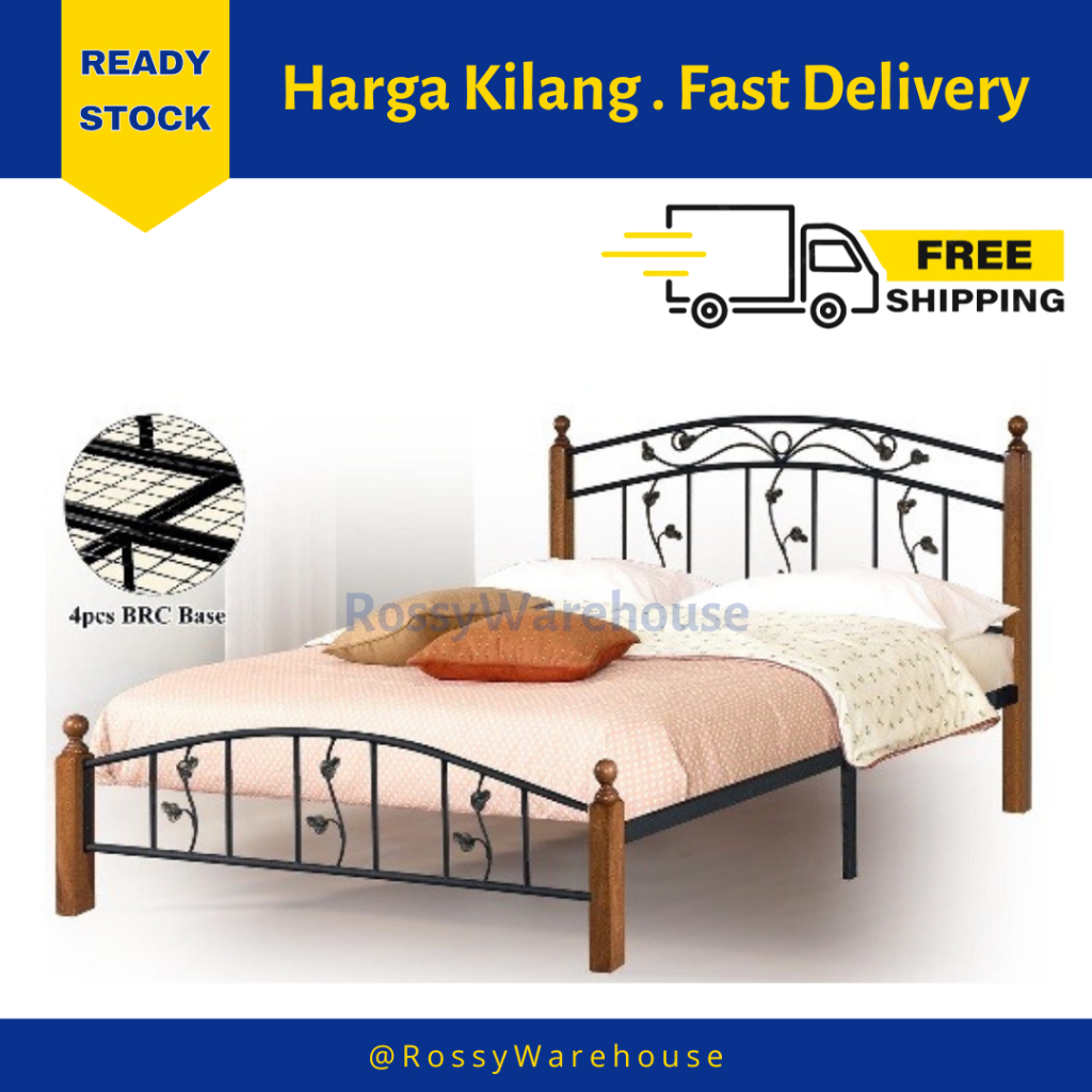 Antique Wood Metal Queen Bed Frame / Wood Metal Bed / Bedroom Furniture