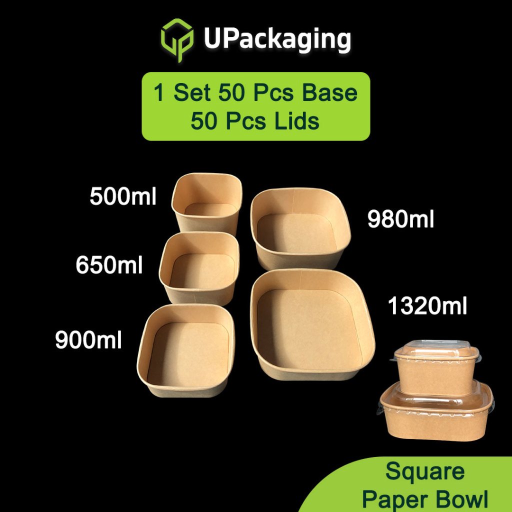 [50 Pcs] SQUARE KRAFT PAPER BOWL with PET Lid Fruit Salad Disposable ...