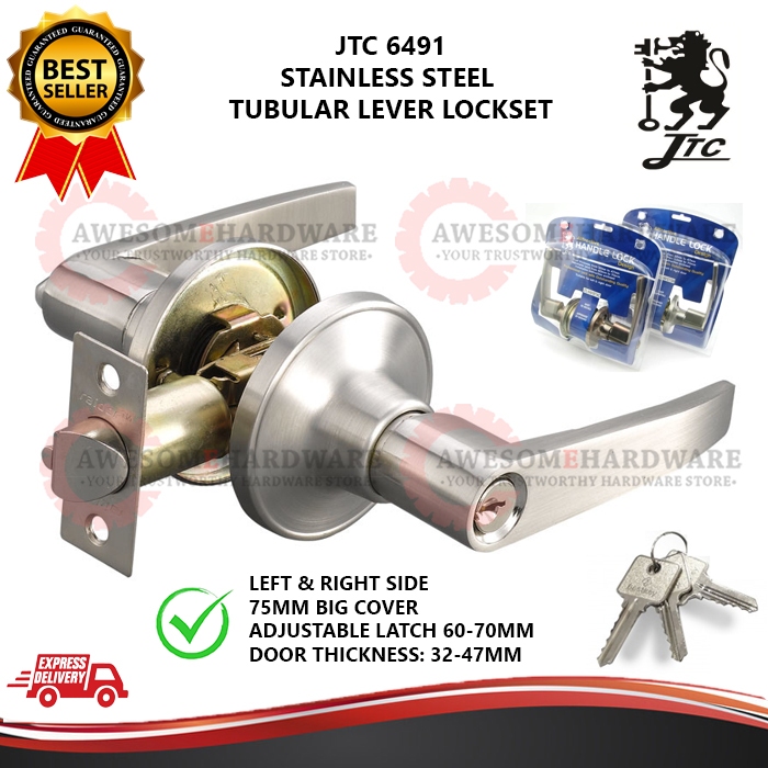 JTC JTL-6491 STAINLESS STEEL TUBULAR LEVER LOCKSET FOR WOODEN DOOR WITH ...