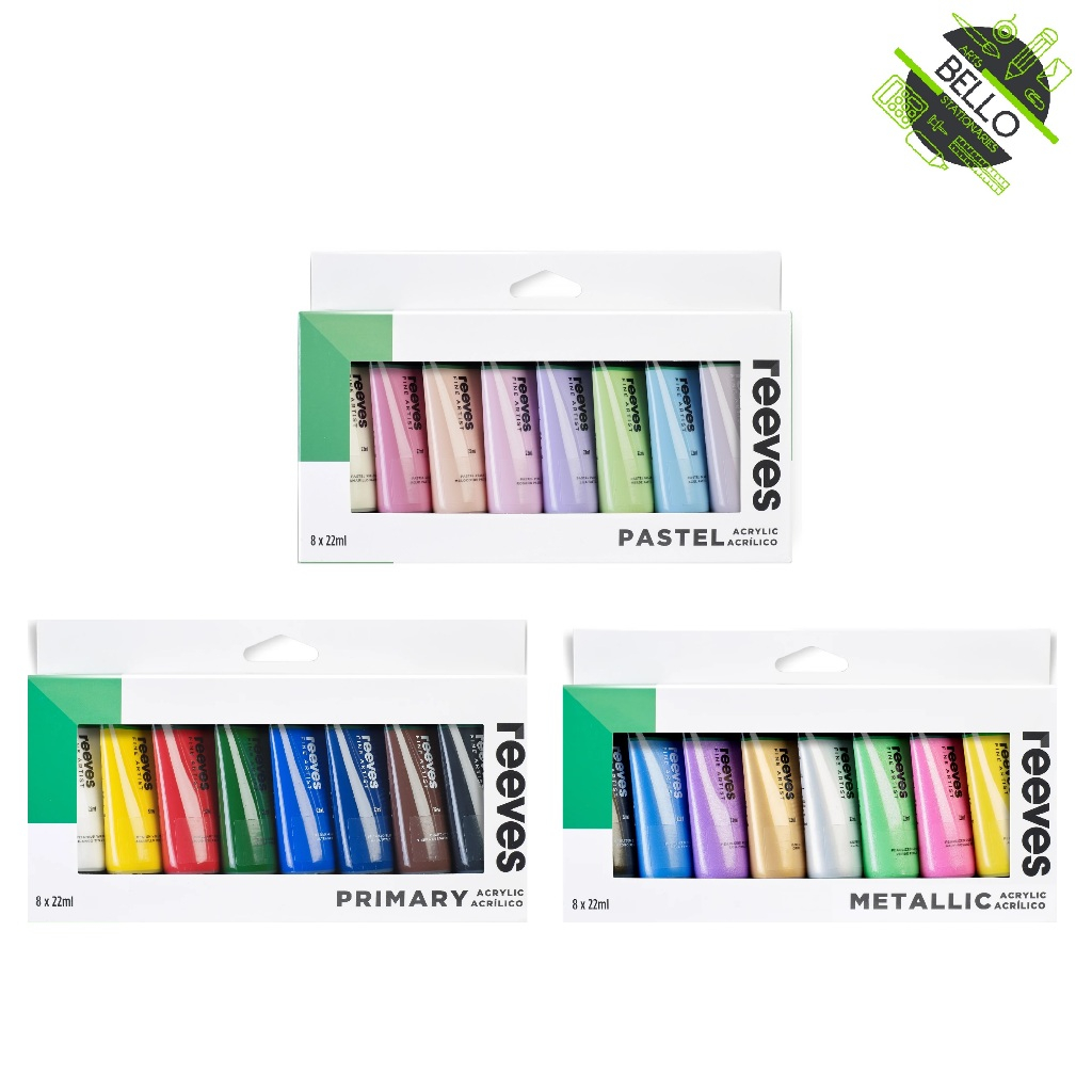 Reeves Acrylic Colour Tube Set of 8 x 22ml (PRIMARY / PASTEL / METALLIC ...