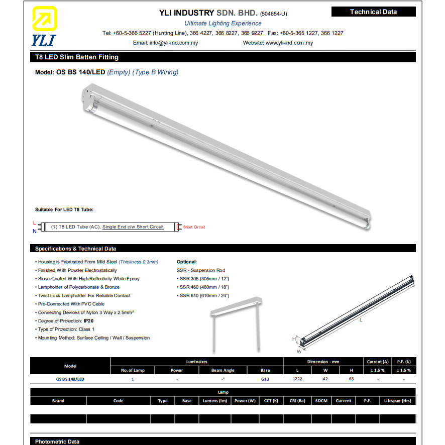 YLI T8 LED Slim Batten Fitting OS BS 120/140 LED Casing (Empty) [Type B ...