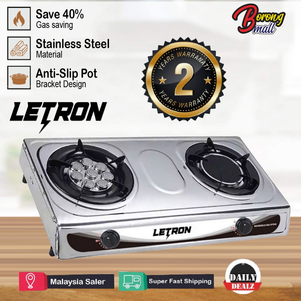 [ 2 YEARS WARRANTY ] Twin Burners Gas Stove Stainless Steel Table Top