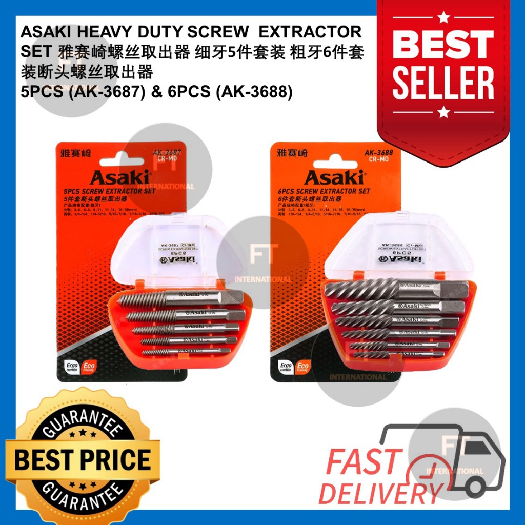 [100% ORIGINAL] ASAKI HEAVY DUTY SCREW EXTRACTOR SET - 5PCS (AK-3687 ...