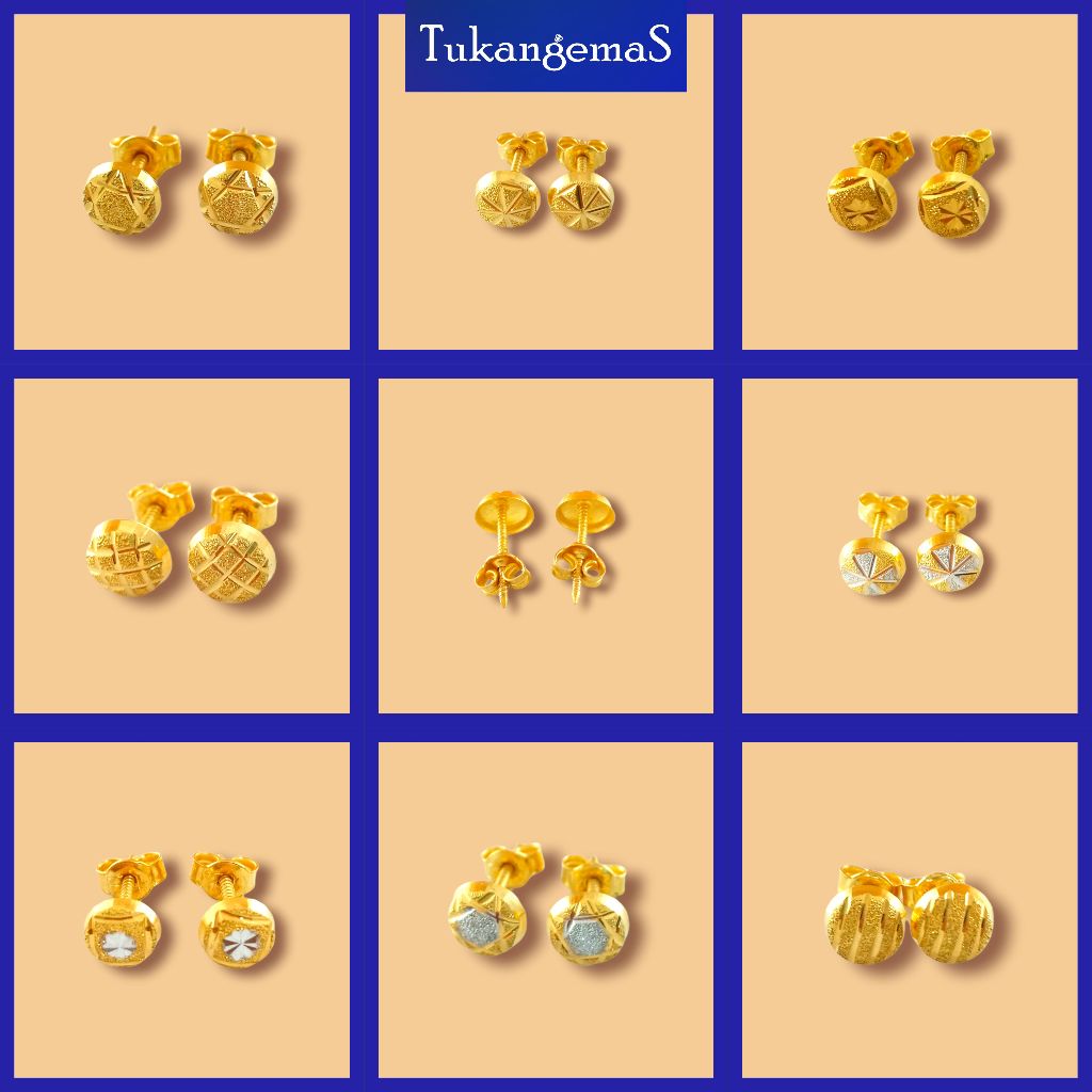 TukangemaS subang emas 916 paku/skru pahat 2c ear ring fashion 22k ...