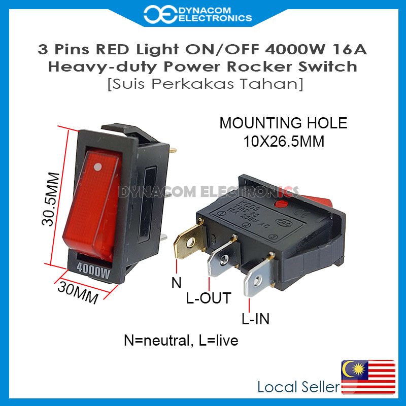 3 Pins SPDT Red Neon Light ON/OFF 4000W Power Rocker Switch Electric ...