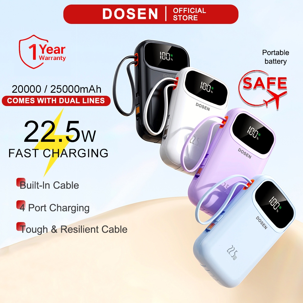 【3C Certified】DOSEN Original Powerbank fast charging  Y342 PD22.5W Portable 20000mAh 25000mAh Comes with three wires