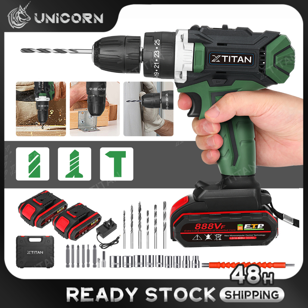 XTITAN 888VF Hammer Drill Cordless Impact Dril Bateri 26PCS Electric Screwdriver Electric Drill Bateri Gerudi Bits Set Shopee Malaysia